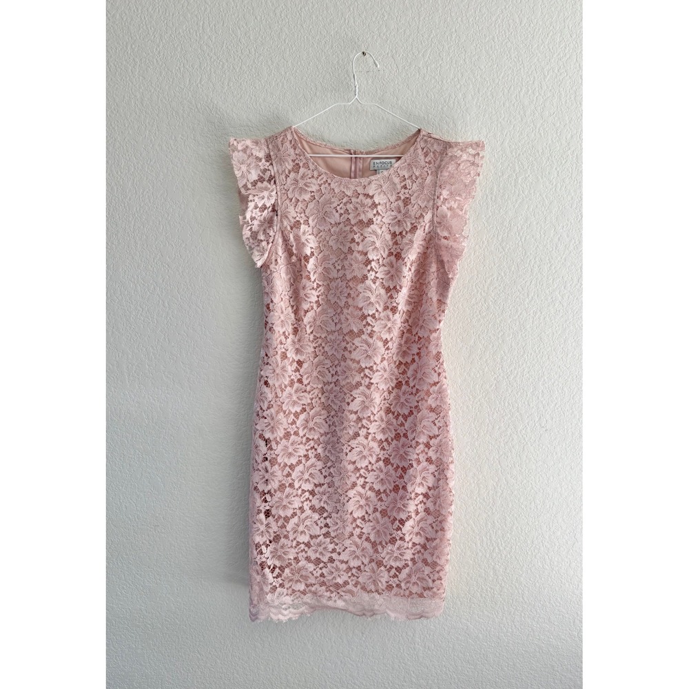 Enfocus Petite Sheath Dress Women 14P Rose Blossom Pink‎ Good Lace Ruffle Sleeve